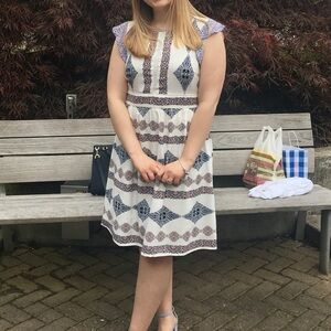 LOFT White Dress with Blue and Red Patterns
